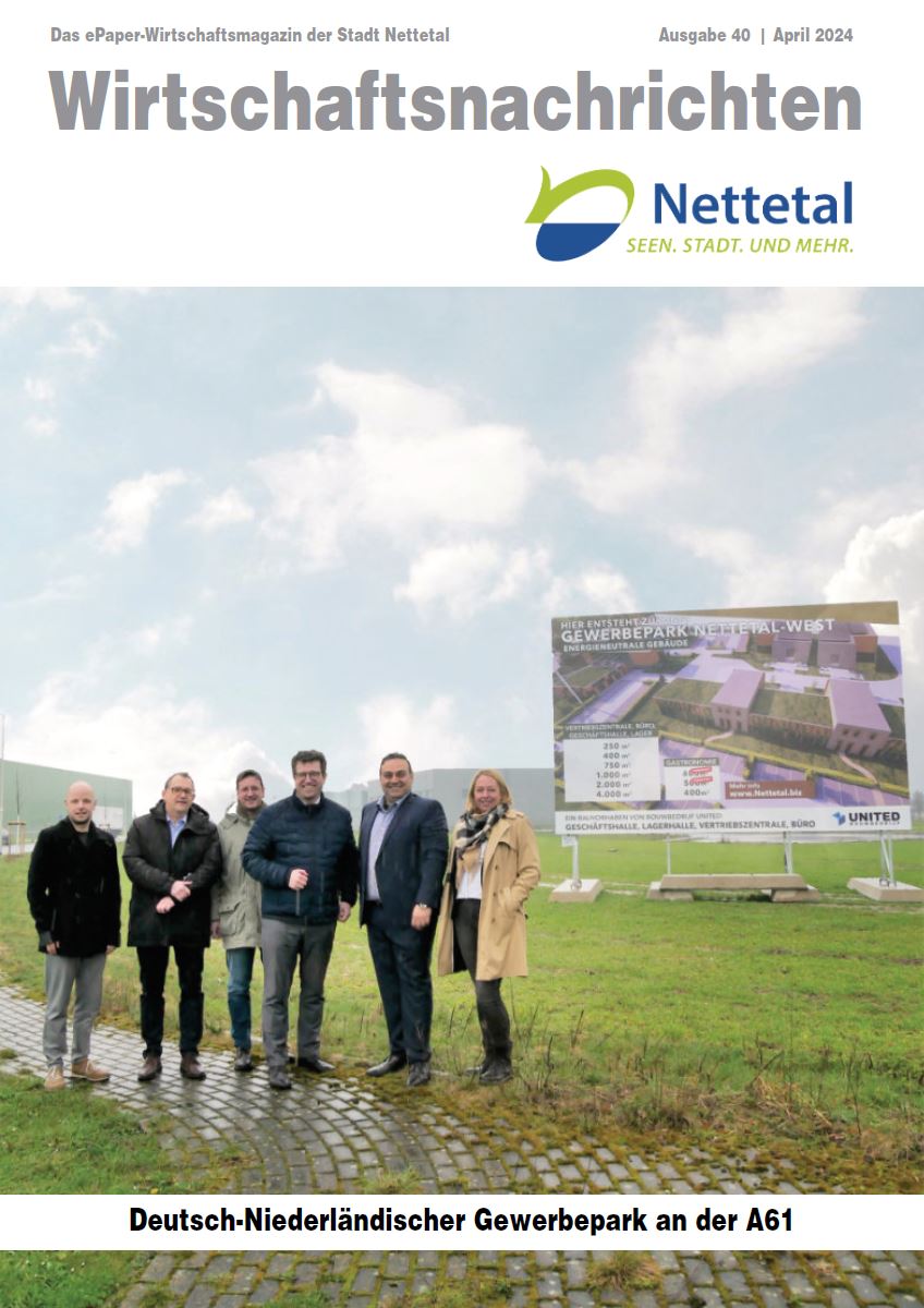 Titelseite der Wirtschaftsnachrichten Nettetal April 2024 - sechs Personen vor einem Gewerbegrundstück