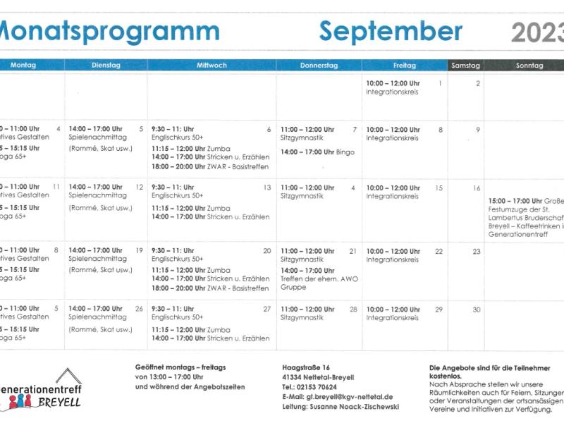 Programm September Generationentreff Breyell