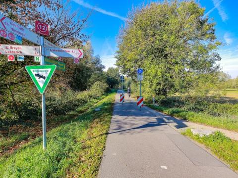 Blick auf Bahnradtrasse mit Radfahrern im Hintergrund